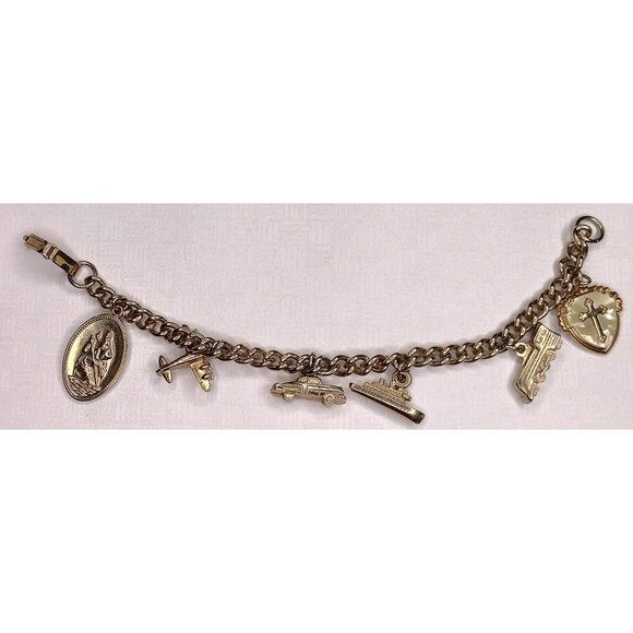 Jewelry - Vintage Gold Tone Charm Bracelet Airplane Cruise Ship Train Engine Florida Cross